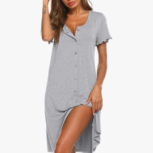 Button-Front Short Sleeve Nightshirt — Light Gray